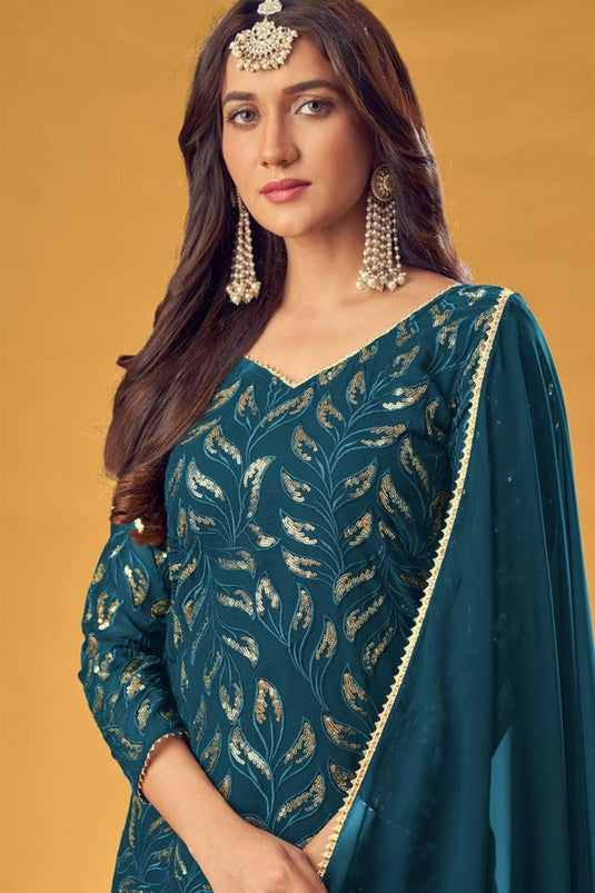 Sangeet Wear Teal Color Captivating Embroidered Work Palazzo Suit In Georgette Fabric