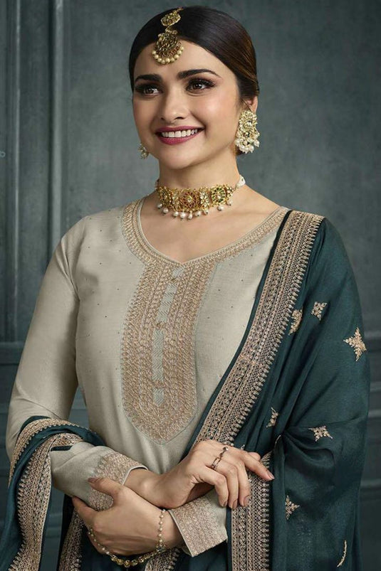 Prachi Desai Dazzling Georgette Grey Color Palazzo Suit