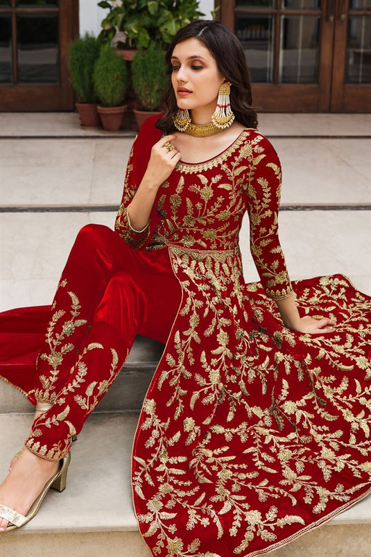 Awesome Net Fabric Embroidered Salwar Suit In Red Color