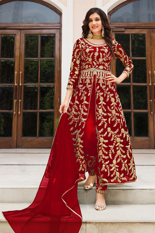 Awesome Net Fabric Embroidered Salwar Suit In Red Color