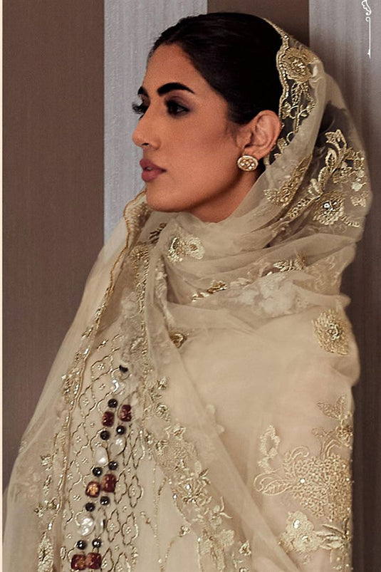 White Color Embroidered Organza Fabric Vintage Salwar Suit