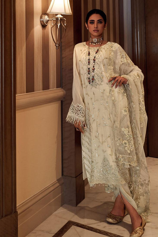 White Color Embroidered Organza Fabric Vintage Salwar Suit