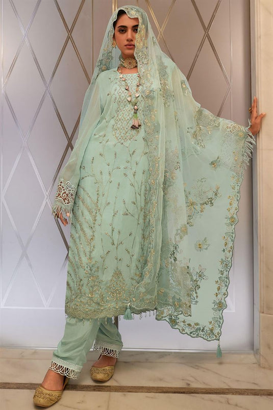 Organza Fabric Light Cyan Color Embroidered Stunning Salwar Suit
