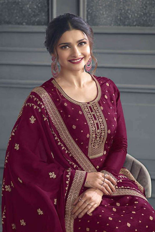 Prachi Desai Burgundy Color Delicate Jacquard Fabric Palazzo Suit