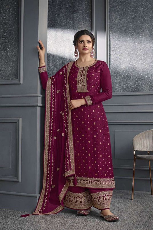 Prachi Desai Burgundy Color Delicate Jacquard Fabric Palazzo Suit