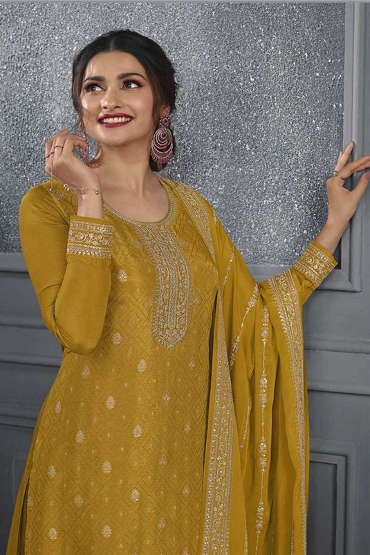 Prachi Desai Mustard Color Jacquard Fabric Trendy Palazzo Suit