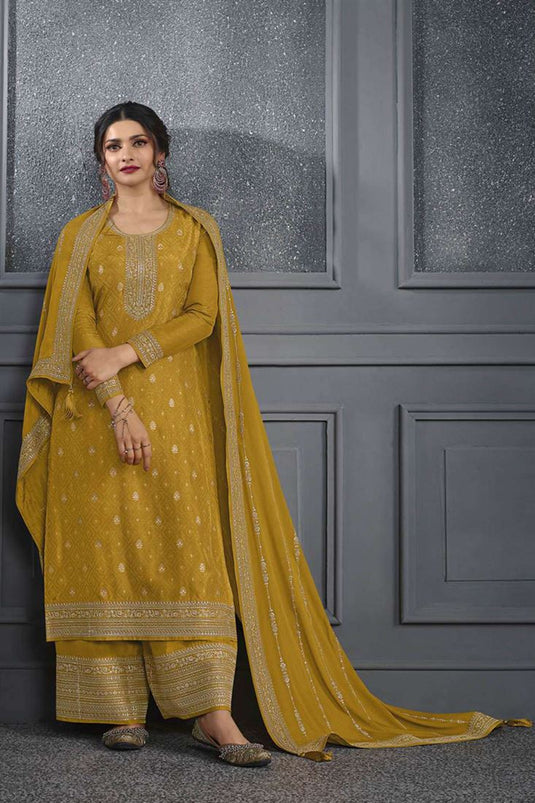 Prachi Desai Mustard Color Jacquard Fabric Trendy Palazzo Suit