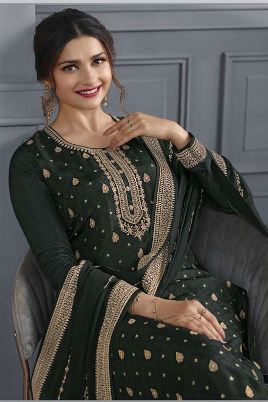 Prachi Desai Jacquard Fabric Brilliant Palazzo Suit In Olive Color