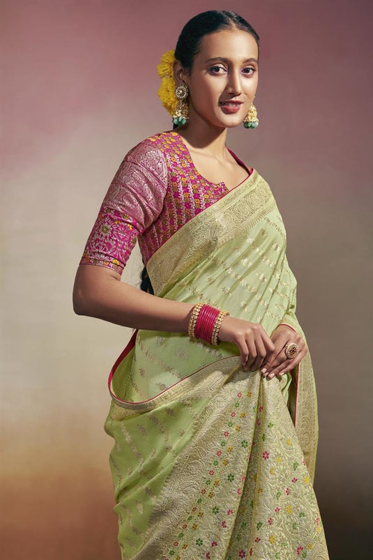 Radiant Green Color Viscose Fabric Minakari Pallu Saree