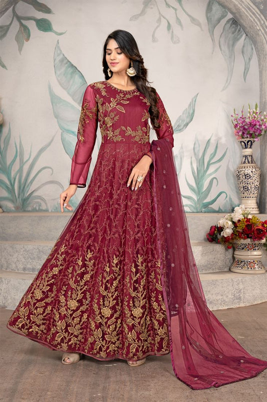 Maroon Color Net Fabric Tempting Anarkali Suit For Function