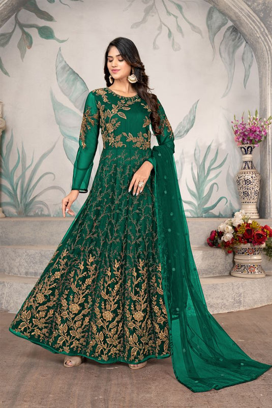 Dark Green Color Net Fabric Awesome Anarkali Suit For Function