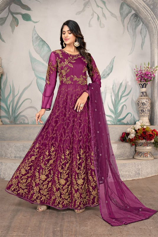 Net Fabric Beatific Anarkali Suit For Function In Purple Color