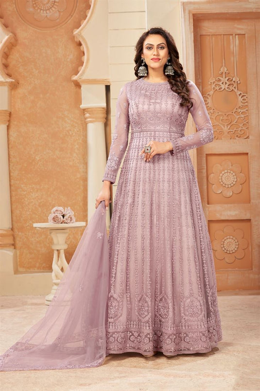 Pink Color Embroidered Trendy Anarklai Suit In Net Fabric