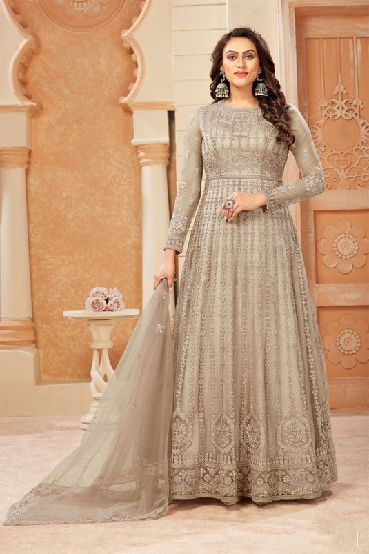 Radiant Beige Color Net Fabric Embroidered Anarklai Suit