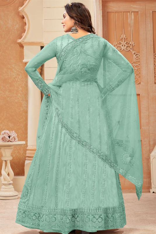 Sea Green Color Net Fabric Attractive Embroidered Anarklai Suit