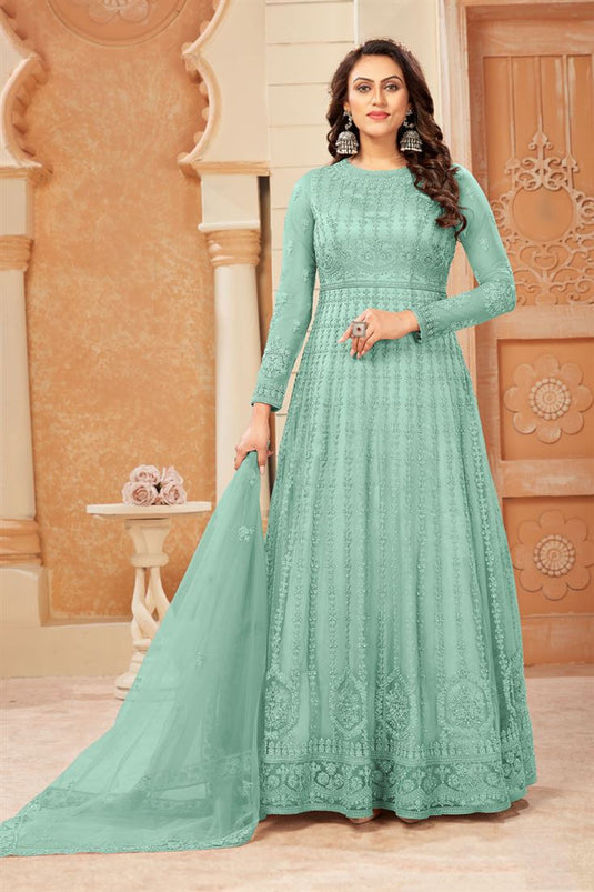 Sea Green Color Net Fabric Attractive Embroidered Anarklai Suit