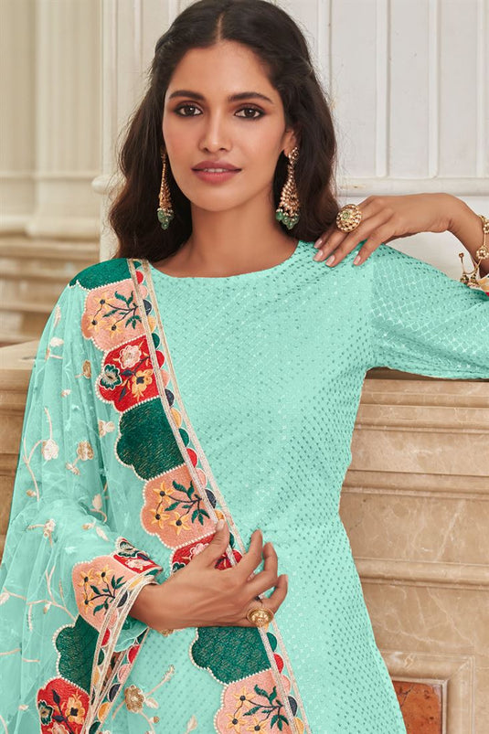 Vartika Singh Radiant Light Cyan Color Georgette Palazzo Suit