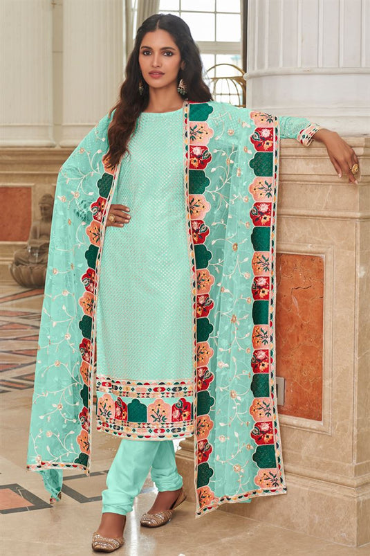 Vartika Singh Radiant Light Cyan Color Georgette Palazzo Suit