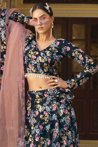 Beautiful Navy Blue Color Designer Art Silk Fabric Printed Lehenga Choli
