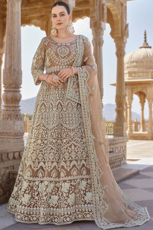 Trendy Net Fabric Chikoo Color Anarkali Suit With Embroidered Work