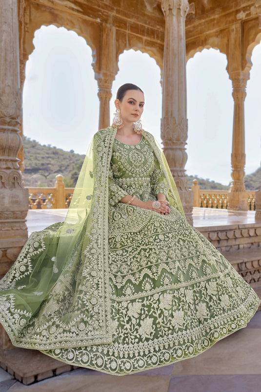 Exclusive Embroidered Work On Green Color Anarkali Suit In Net Fabric