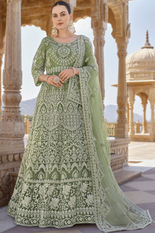 Exclusive Embroidered Work On Green Color Anarkali Suit In Net Fabric