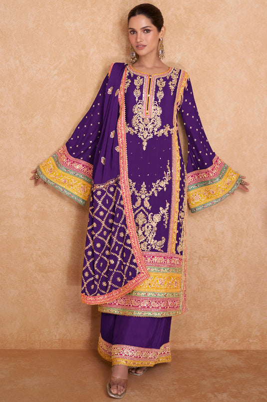 Chinon Fabric Embroidered Readymade Palazzo Salwar Kameez In Purple Color