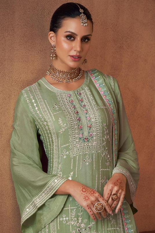 Khaki Color Georgette And Chinon Embroidered Palazzo Suit In Function Wear