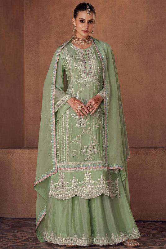 Khaki Color Georgette And Chinon Embroidered Palazzo Suit In Function Wear