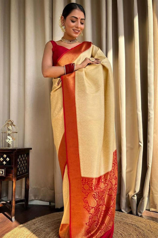 Banarasi Silk Beguiling Cream Color Copper Zari Weaving Saree