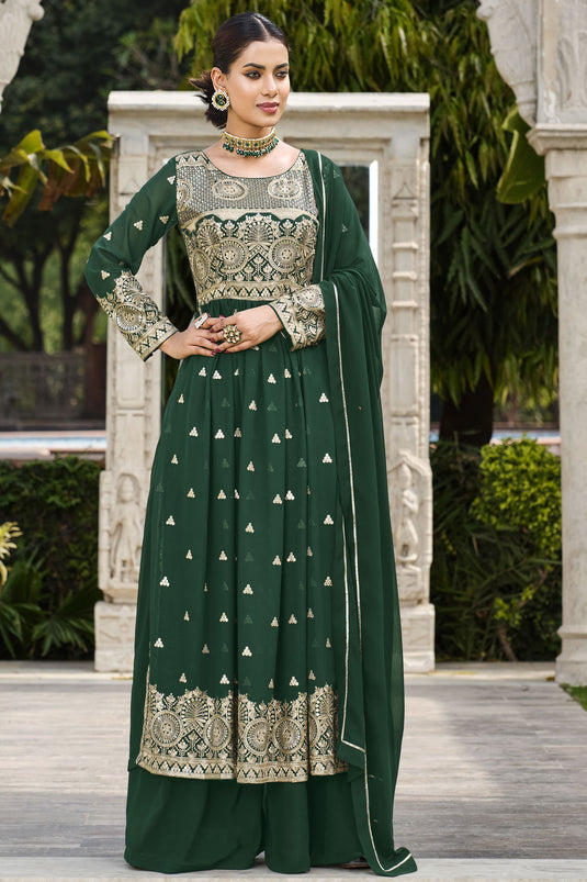 Dark Green Color Georgette Fabric Fancy Sequence Work Function Wear Readymade Palazzo Salwar Suit