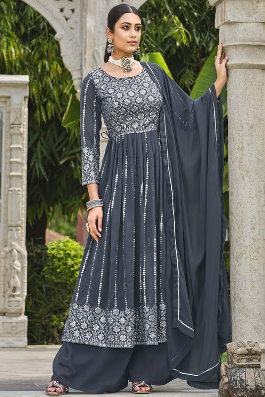 Sequence Work Grey Color Readymade Palazzo Salwar Suit In Georgette Fabric