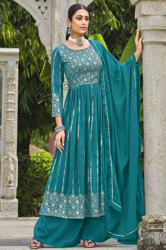 Georgette Fabric Cyan Color Festive Wear Sequence Work Readymade Palazzo Salwar Kameez