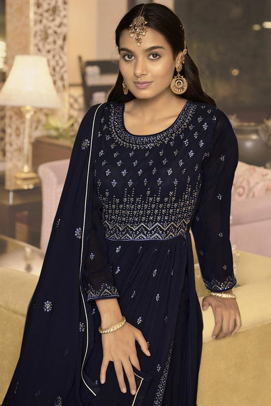 Navy Blue Color Georgette Fabric Awesome Party Wear Palazzo Suit