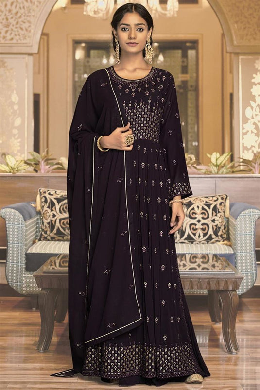 Georgette Fabric Wine Color Lavish Party Wear Palazzo Suit