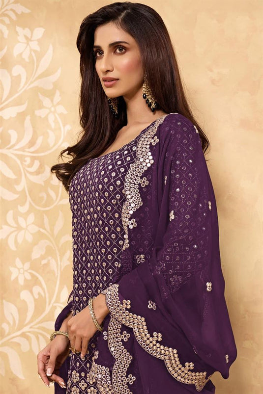 Tempting Purple Color Georgette Sharara Suit With Embroidered Work