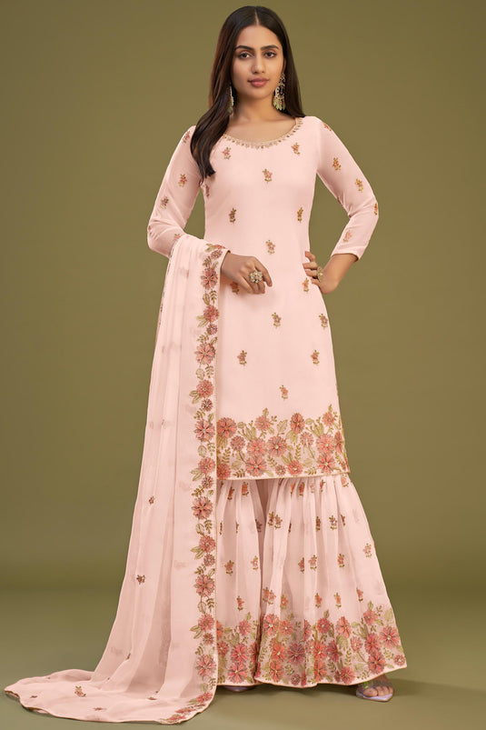 Georgette Fabric Embroidered Peach Color Festive Wear Palazzo Salwar Suit