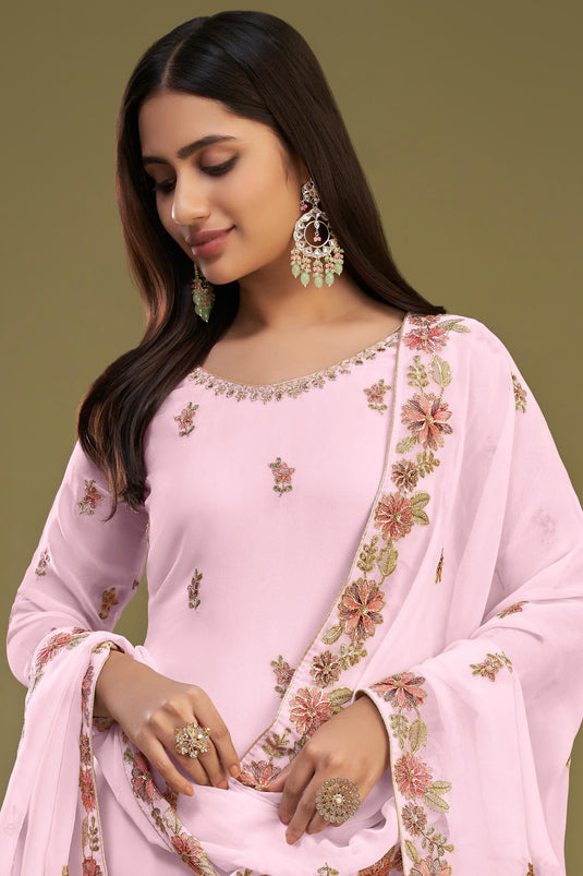 Festive Wear Pink Color Georgette Fabric Embroidered Palazzo Salwar Kameez