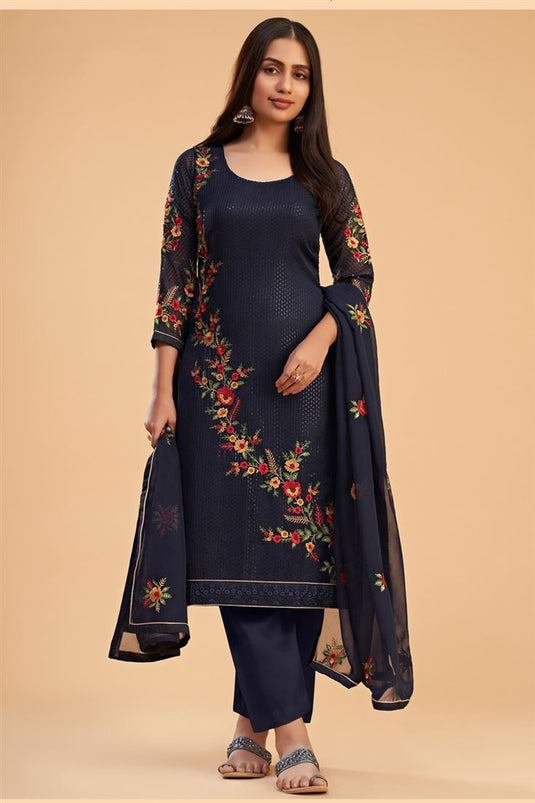 Georgette Function Look Beatific Salwar Suit In Navy Blue Color