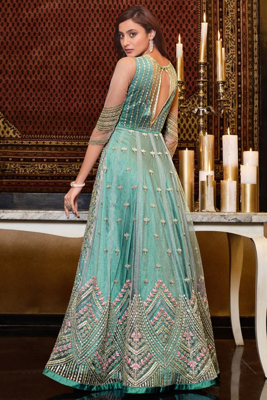 Sea Green Color Net Fabric Tempting Function Wear Anarkali Suit