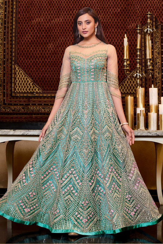 Sea Green Color Net Fabric Tempting Function Wear Anarkali Suit