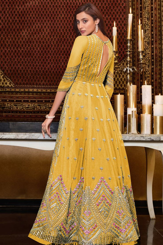 Net Fabric Yellow Color Supreme Function Wear Anarkali Suit