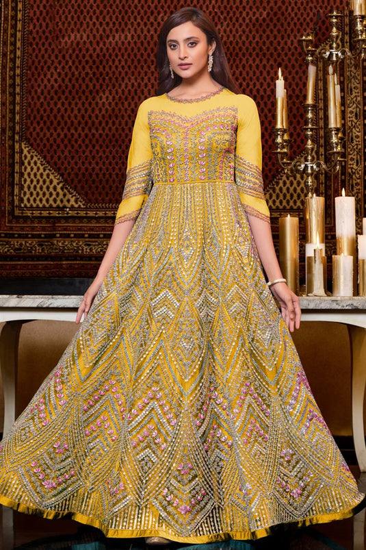 Net Fabric Yellow Color Supreme Function Wear Anarkali Suit