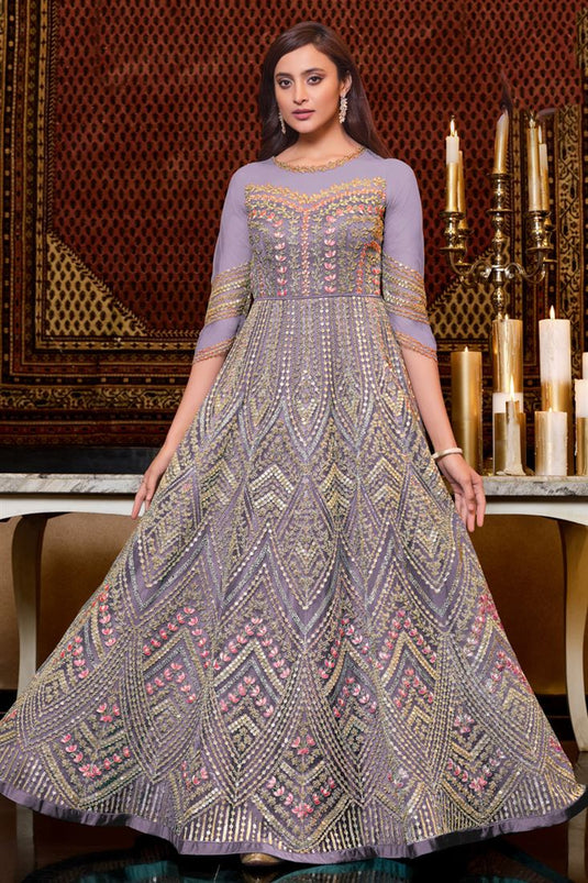 Alluring Net Fabric Lavender Color Function Wear Anarkali Suit