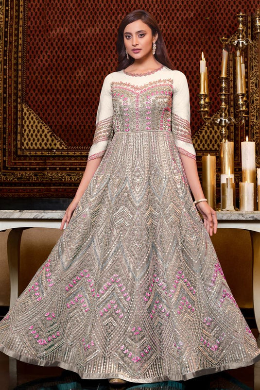 Excellent Net Fabric Off White Color Function Wear Anarkali Suit