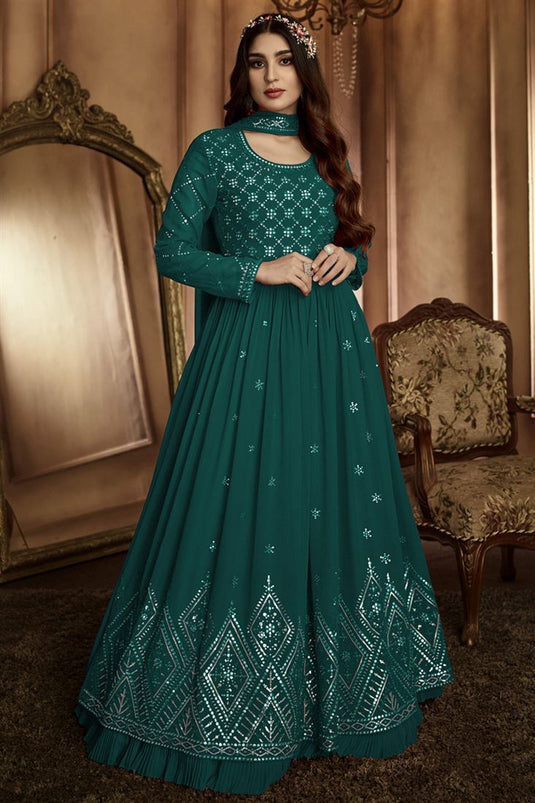 Engaging Teal Color Party Style Georgette Anarkali Suit