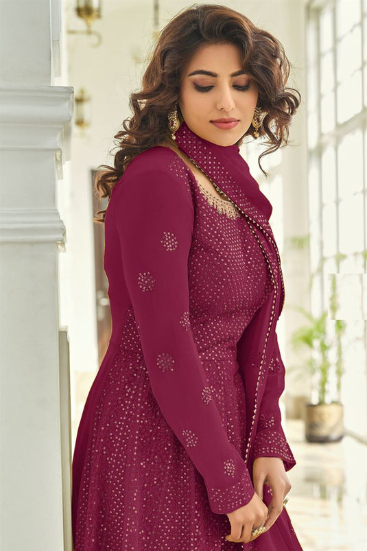 Attractive Wine Color Georgette Fabric Palazzo Salwar Suit