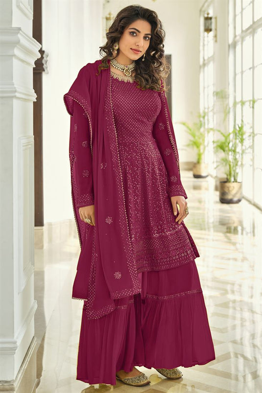Attractive Wine Color Georgette Fabric Palazzo Salwar Suit