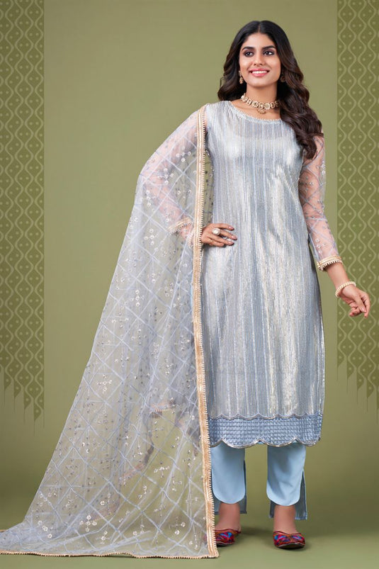 Radiant Light Cyan Color Sequins Work Net Salwar Suit