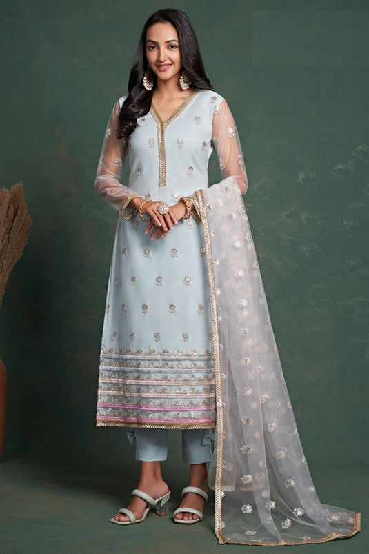 Radiant Light Cyan Color Net Fabric Function Wear Salwar Suit